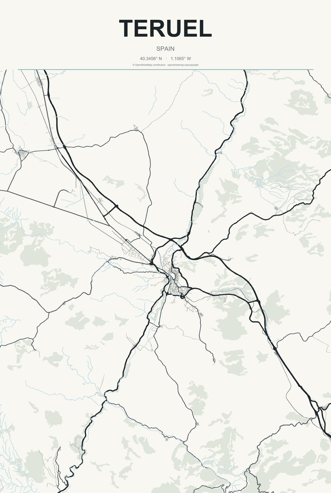 Teruel, Spain City Map Aluminum Sign in Headline Atlas style