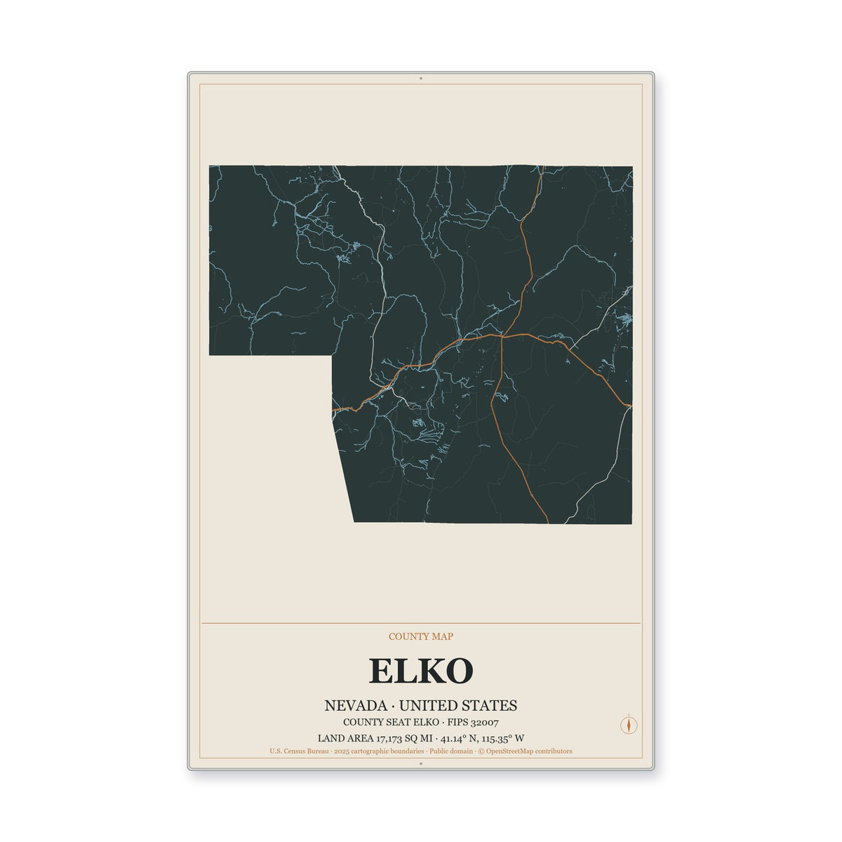 Elko County, Nevada Map Aluminum Sign in Headline Atlas style