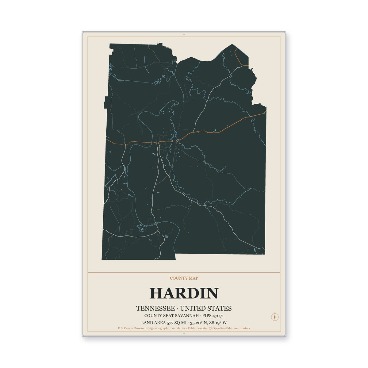 Hardin County, Tennessee Map Aluminum Sign in Headline Atlas style