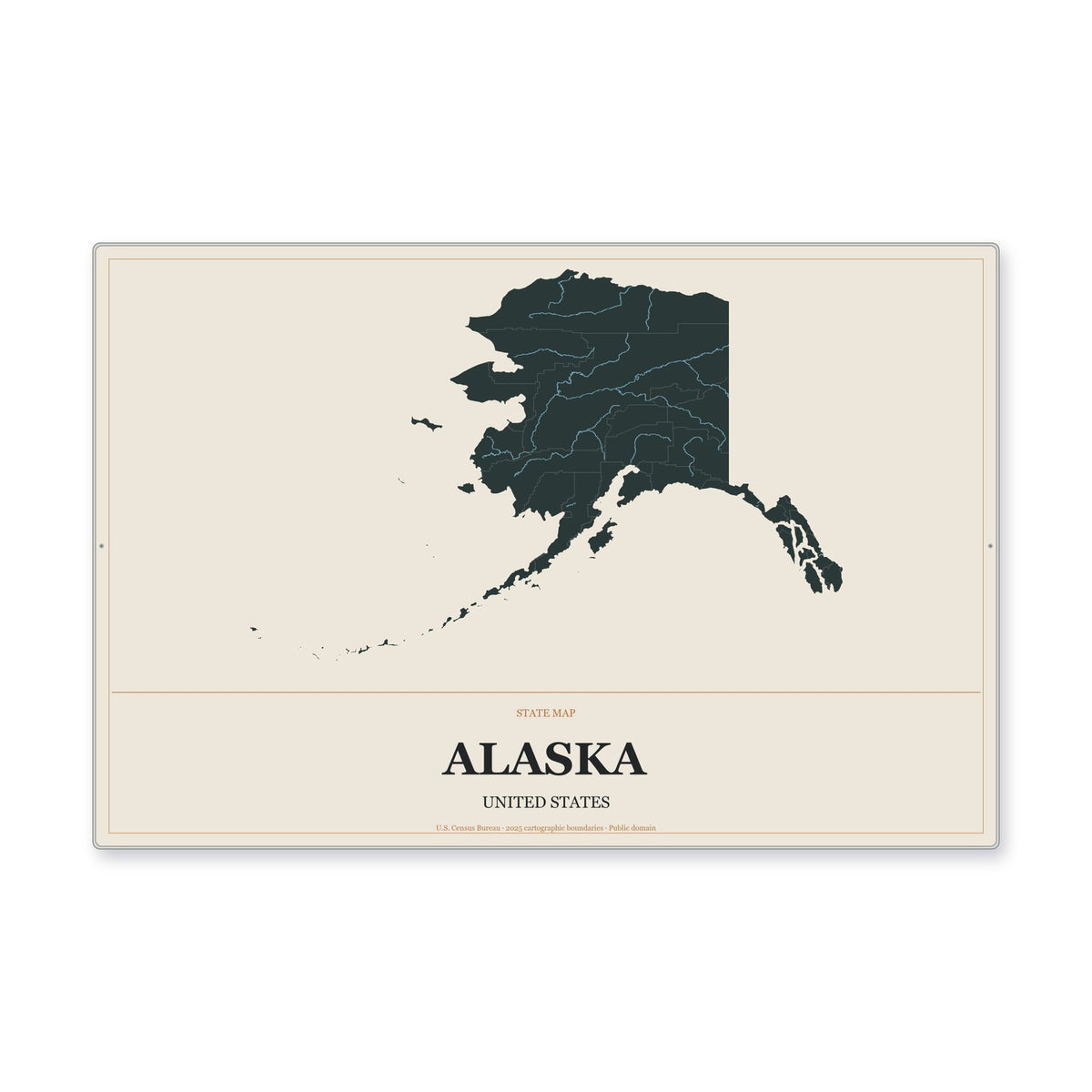 Alaska state map aluminum sign in Headline Atlas style