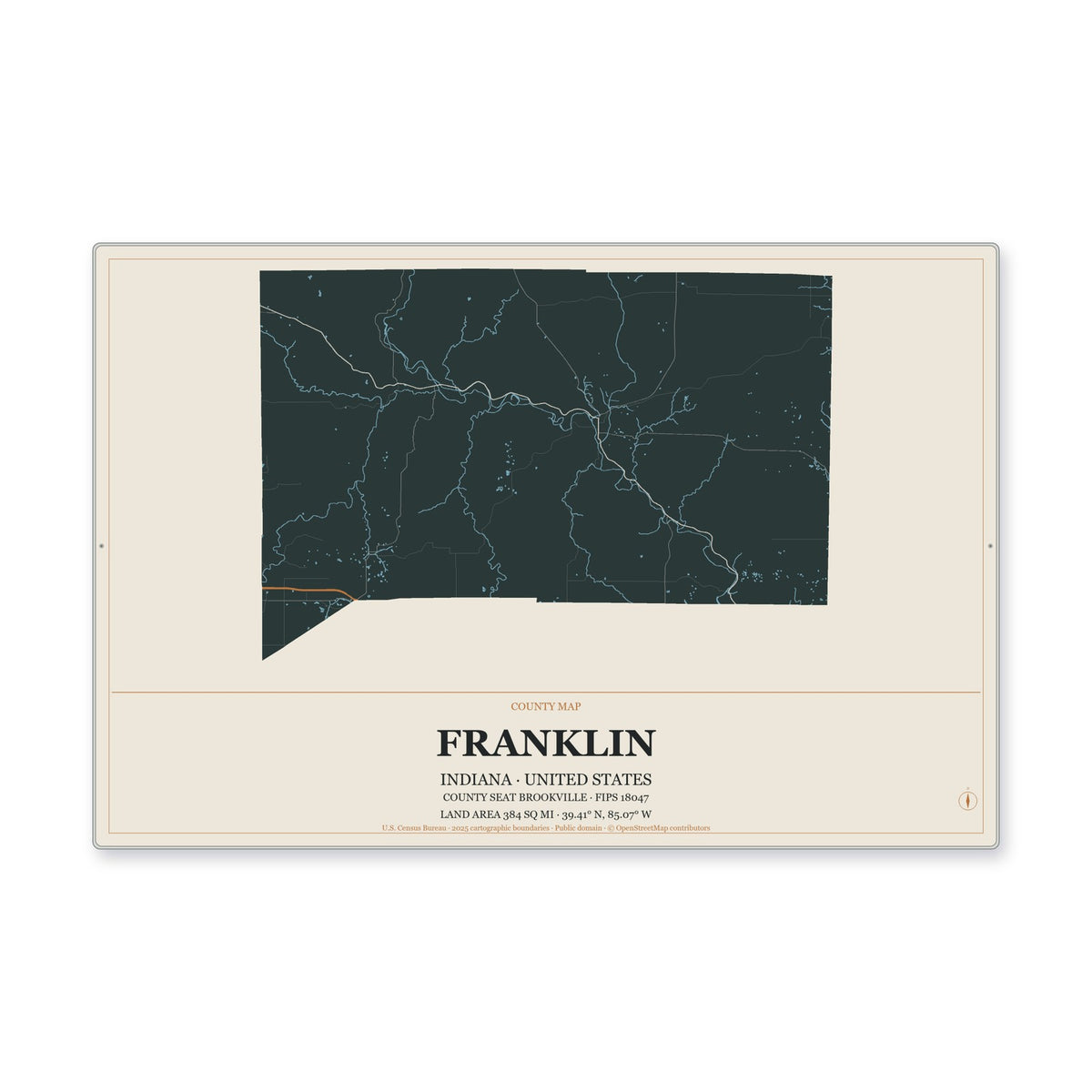Franklin County, Indiana Map Aluminum Sign in Headline Atlas style