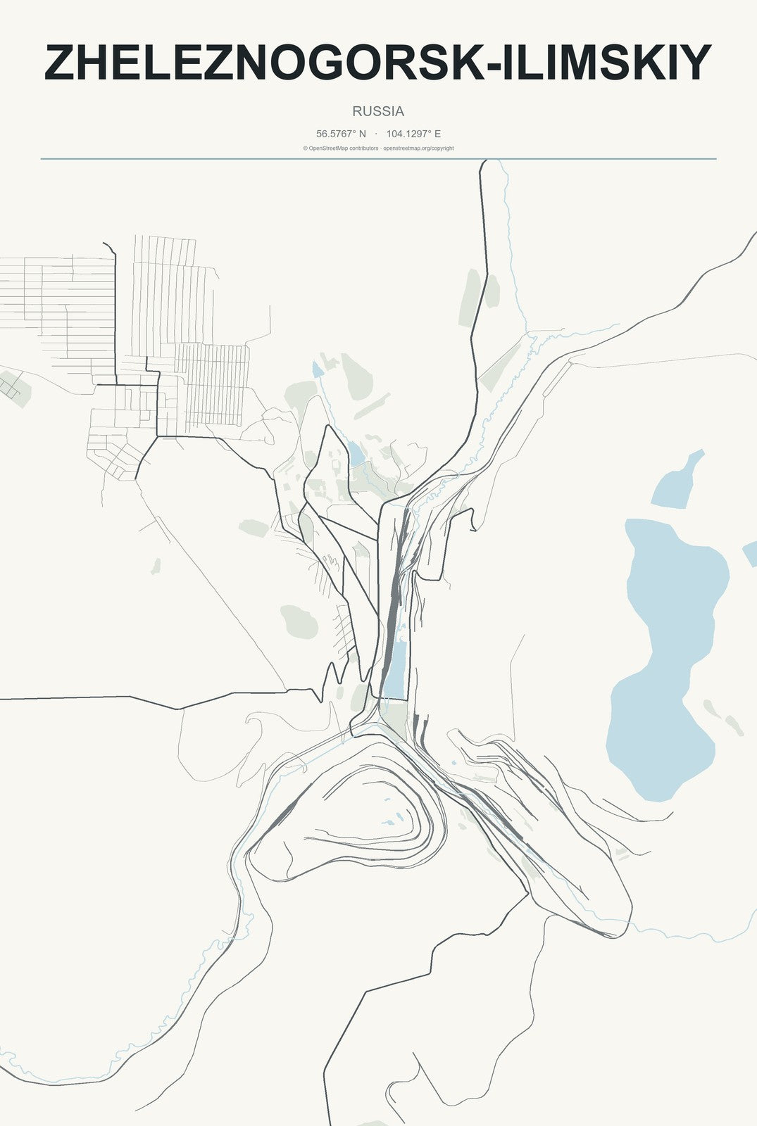 Zheleznogorsk-Ilimskiy, Russia City Map Aluminum Sign in Headline Atlas style