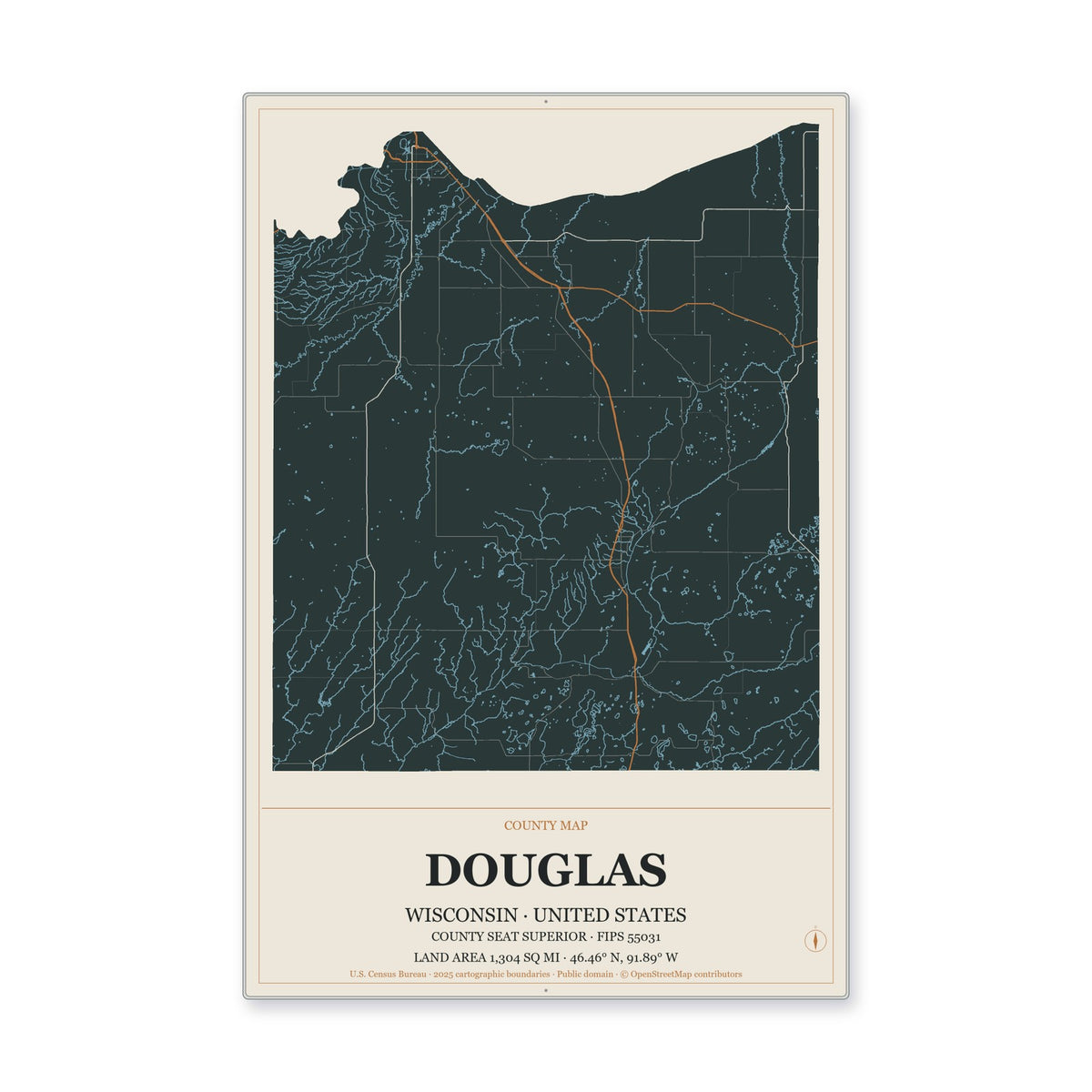 Douglas County, Wisconsin Map Aluminum Sign in Headline Atlas style