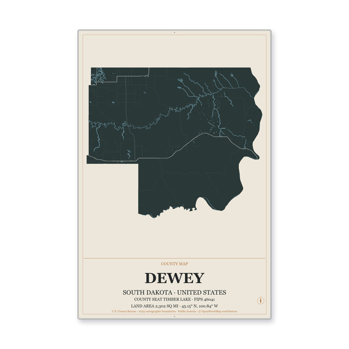 Dewey County, South Dakota Map Aluminum Sign in Headline Atlas style