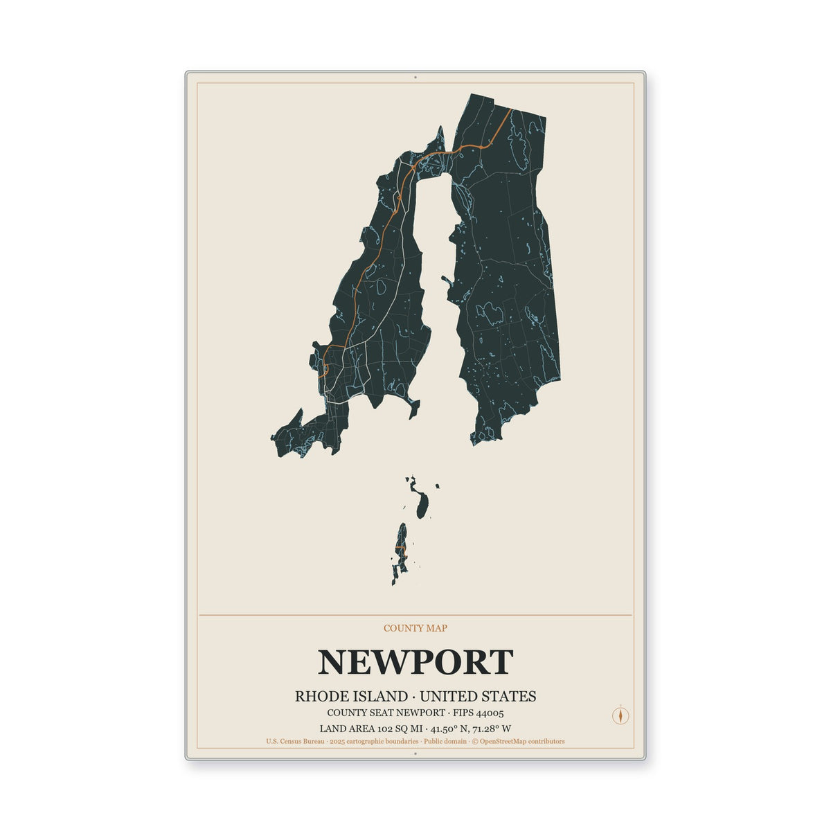 Newport County, Rhode Island Map Aluminum Sign in Headline Atlas style