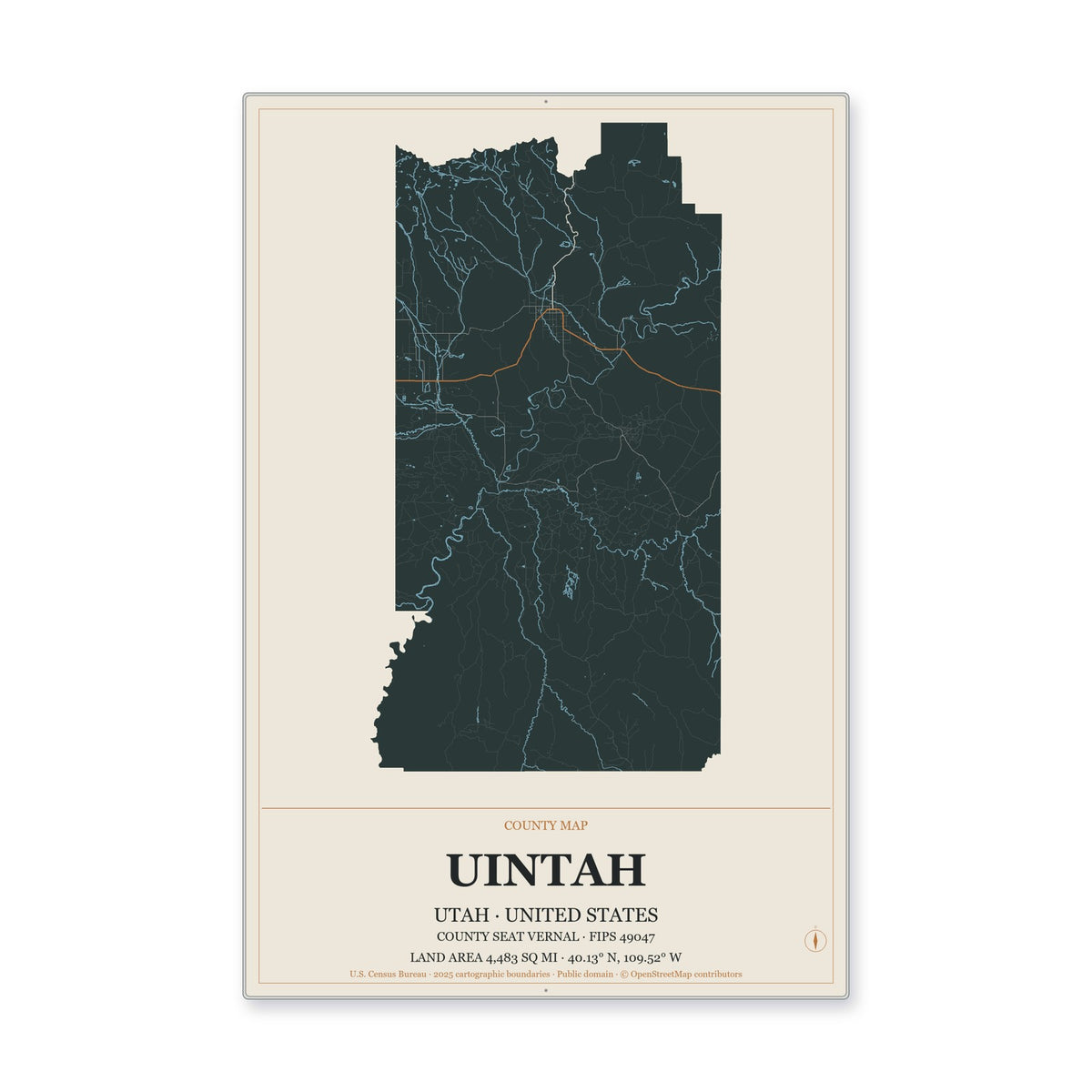 Uintah County, Utah Map Aluminum Sign in Headline Atlas style