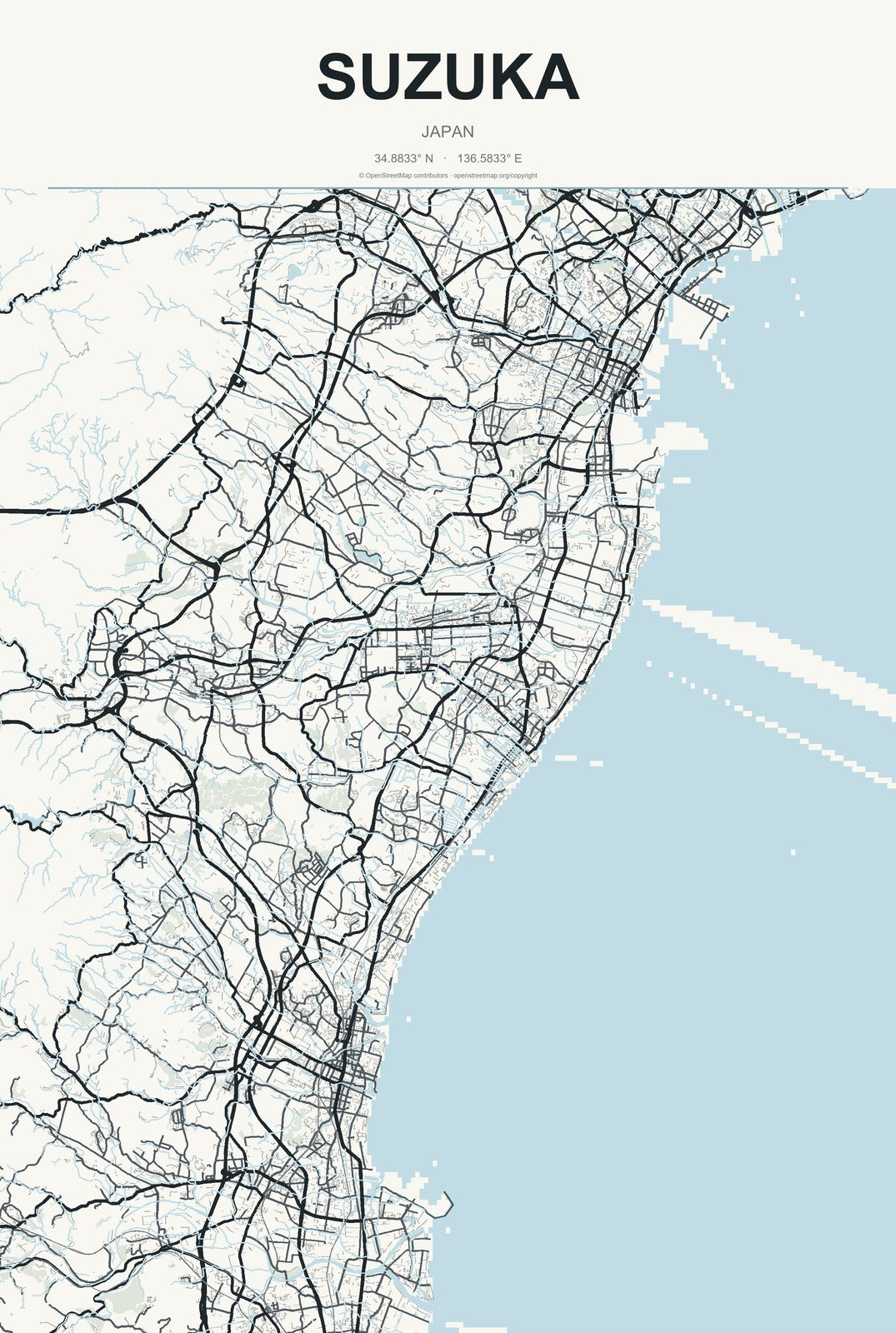 Suzuka, Japan City Map Aluminum Sign in Headline Atlas style