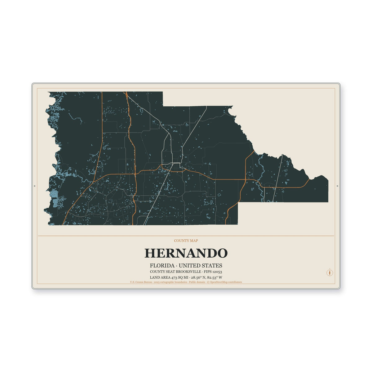 Hernando County, Florida Map Aluminum Sign in Headline Atlas style