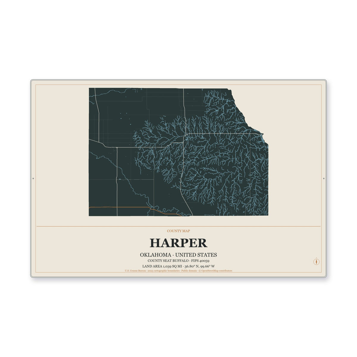 Harper County, Oklahoma Map Aluminum Sign in Headline Atlas style