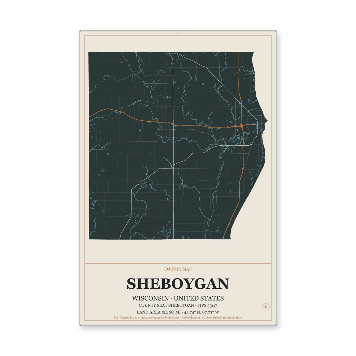 Sheboygan County, Wisconsin Map Aluminum Sign in Headline Atlas style