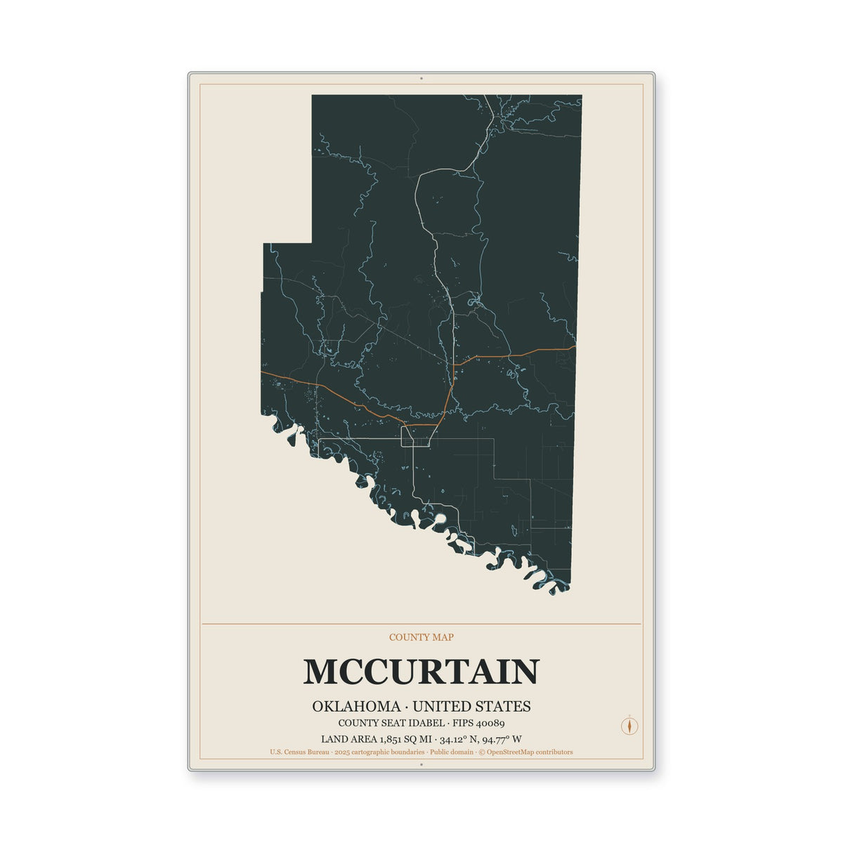 McCurtain County, Oklahoma Map Aluminum Sign in Headline Atlas style