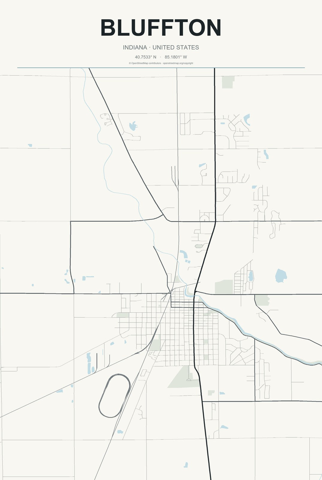 Bluffton, Indiana City Map Aluminum Sign in Headline Atlas style