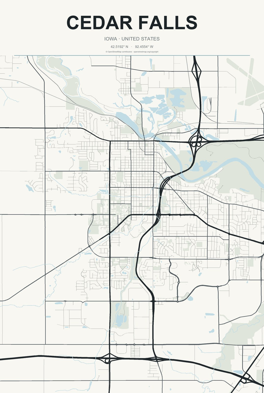 Cedar Falls, Iowa City Map Aluminum Sign in Headline Atlas style