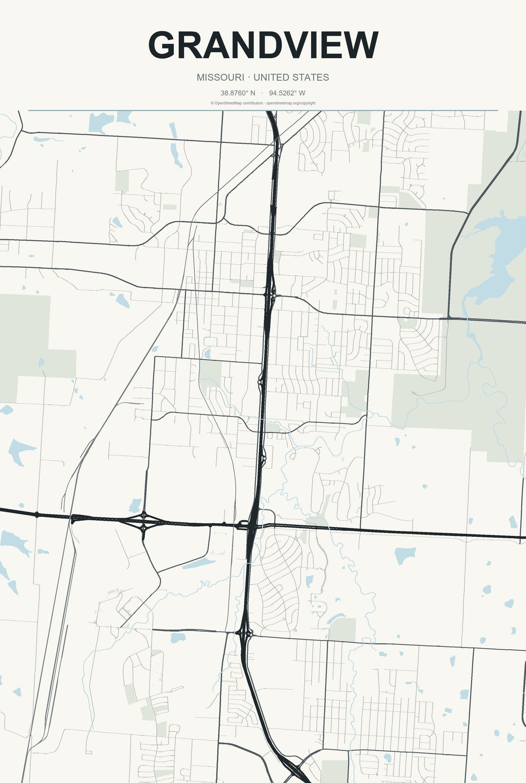 Grandview, Missouri City Map Aluminum Sign in Headline Atlas style