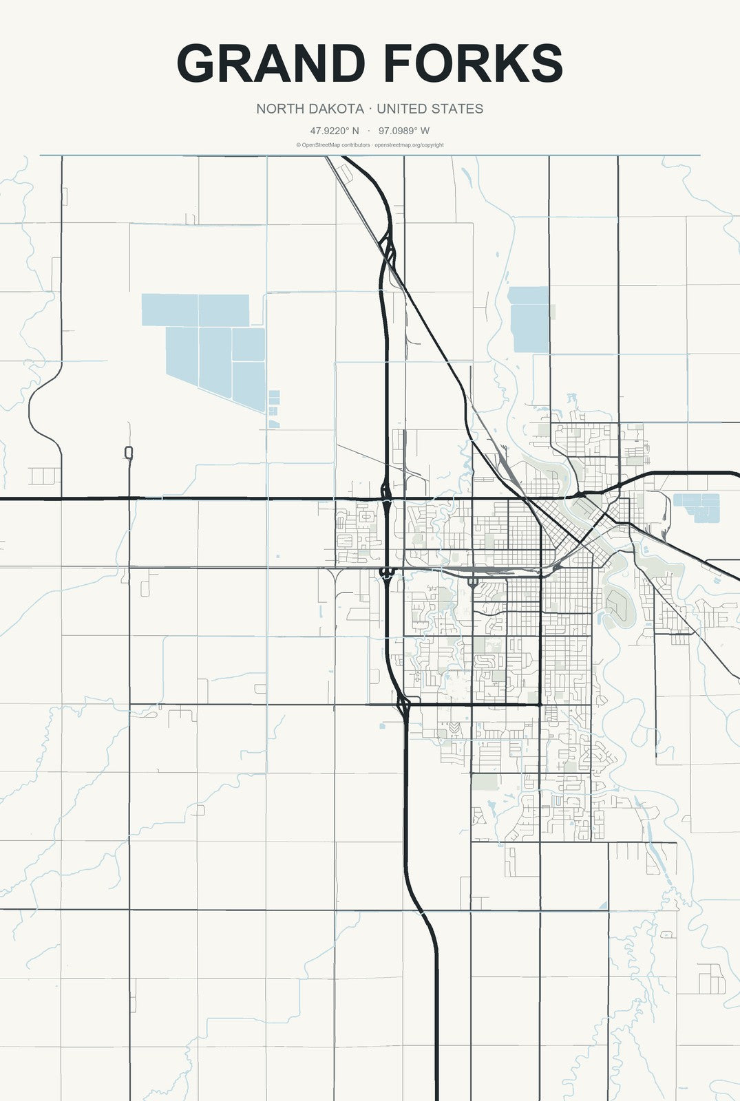 Grand Forks, North Dakota City Map Aluminum Sign in Headline Atlas style