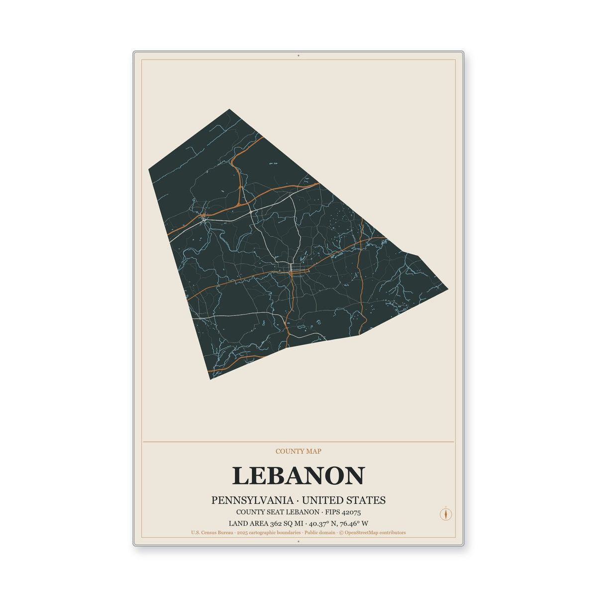 Lebanon County, Pennsylvania Map Aluminum Sign in Headline Atlas style