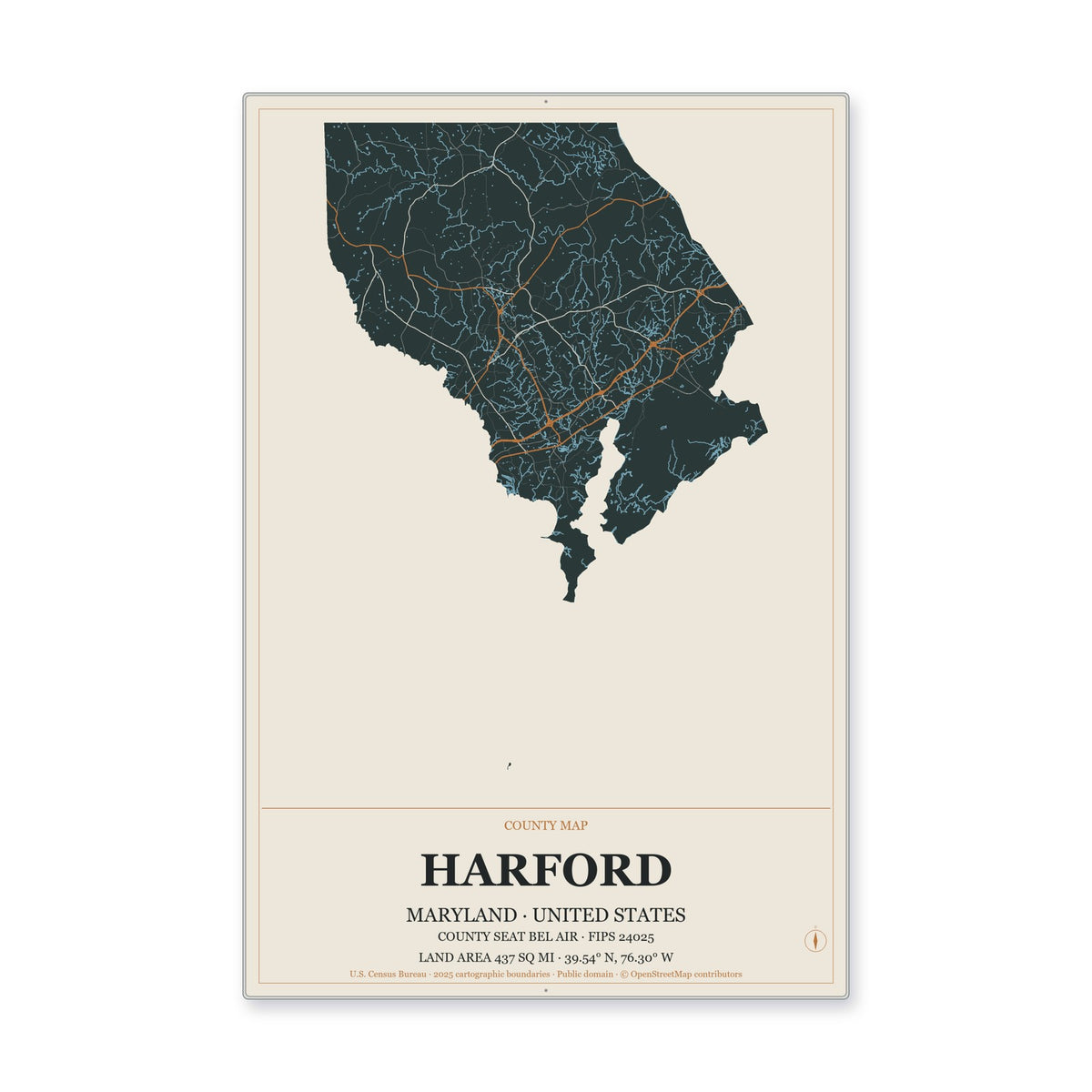 Harford County, Maryland Map Aluminum Sign in Headline Atlas style