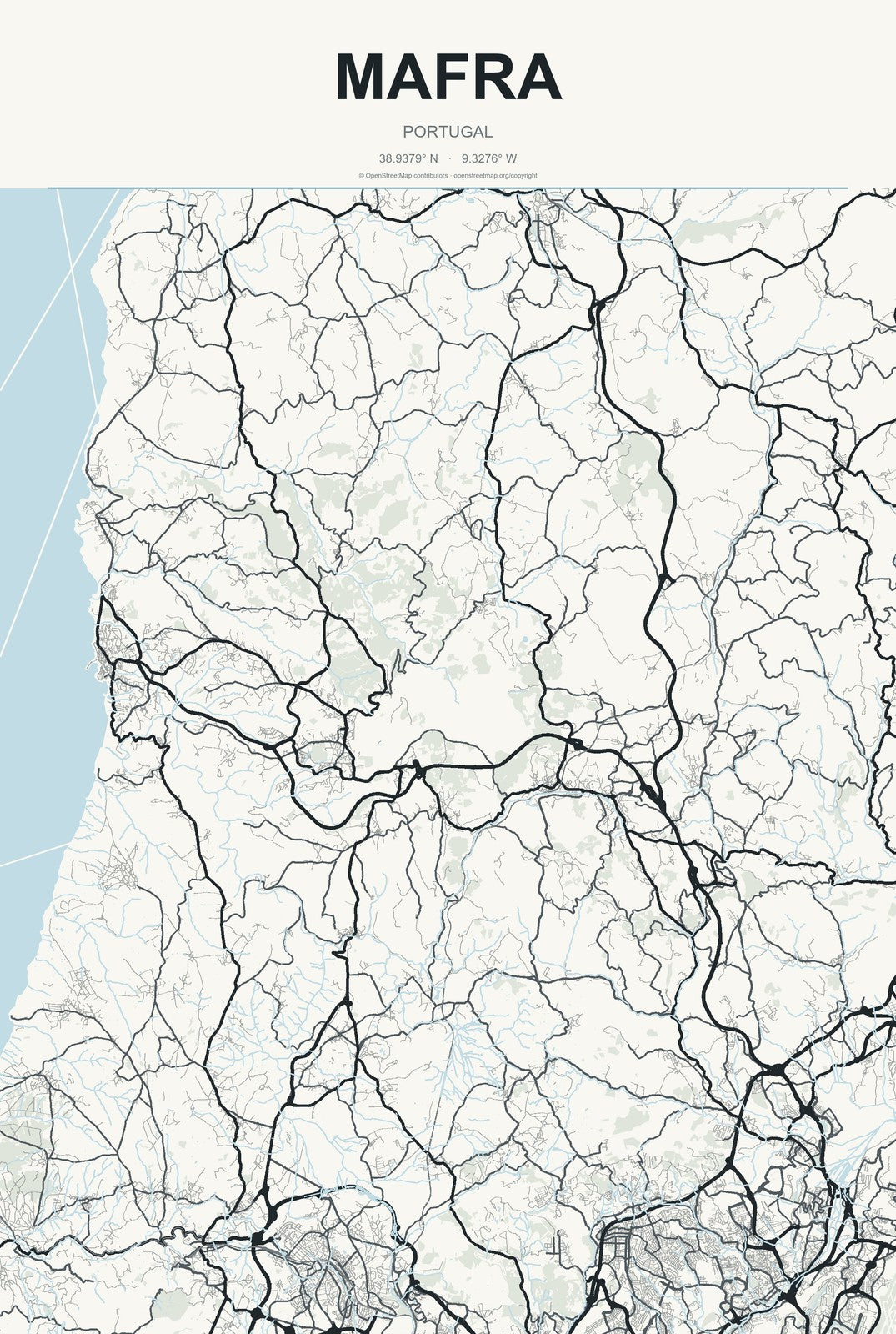 Mafra, Portugal City Map Aluminum Sign in Headline Atlas style