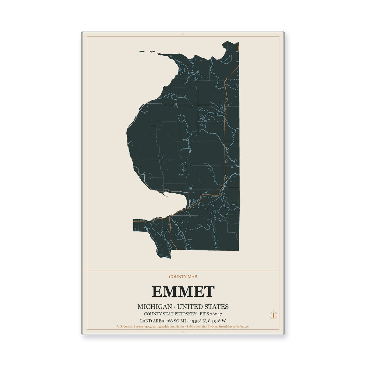 Emmet County, Michigan Map Aluminum Sign in Headline Atlas style