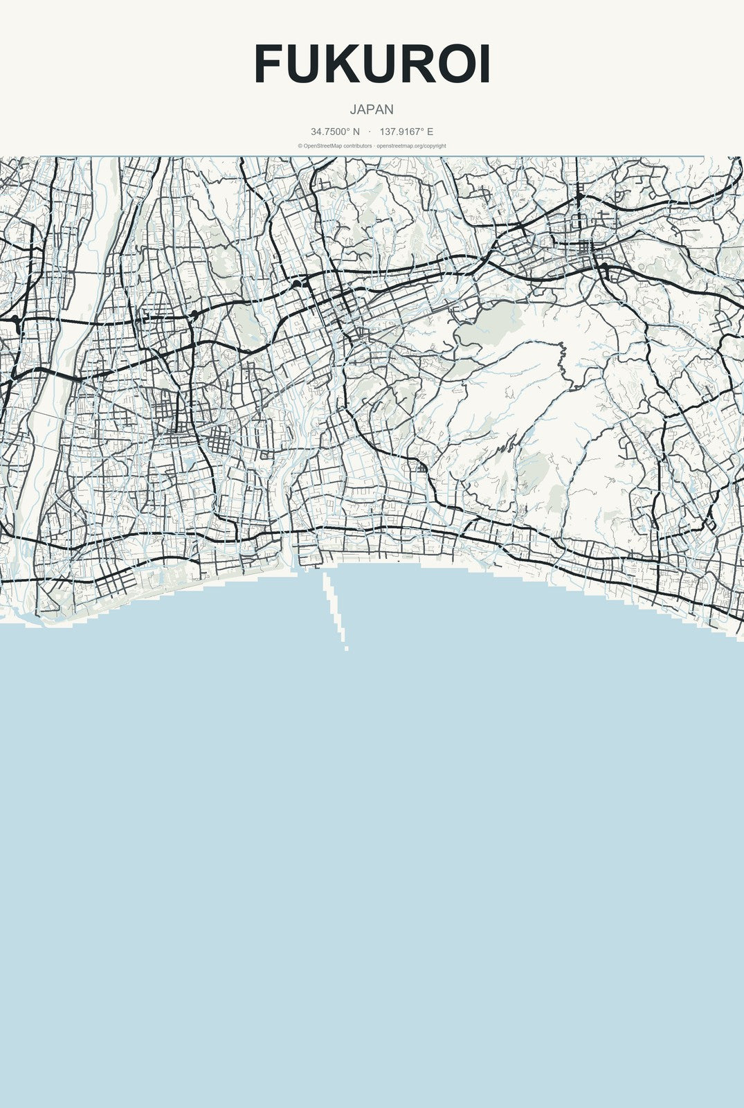 Fukuroi, Japan City Map Aluminum Sign in Headline Atlas style