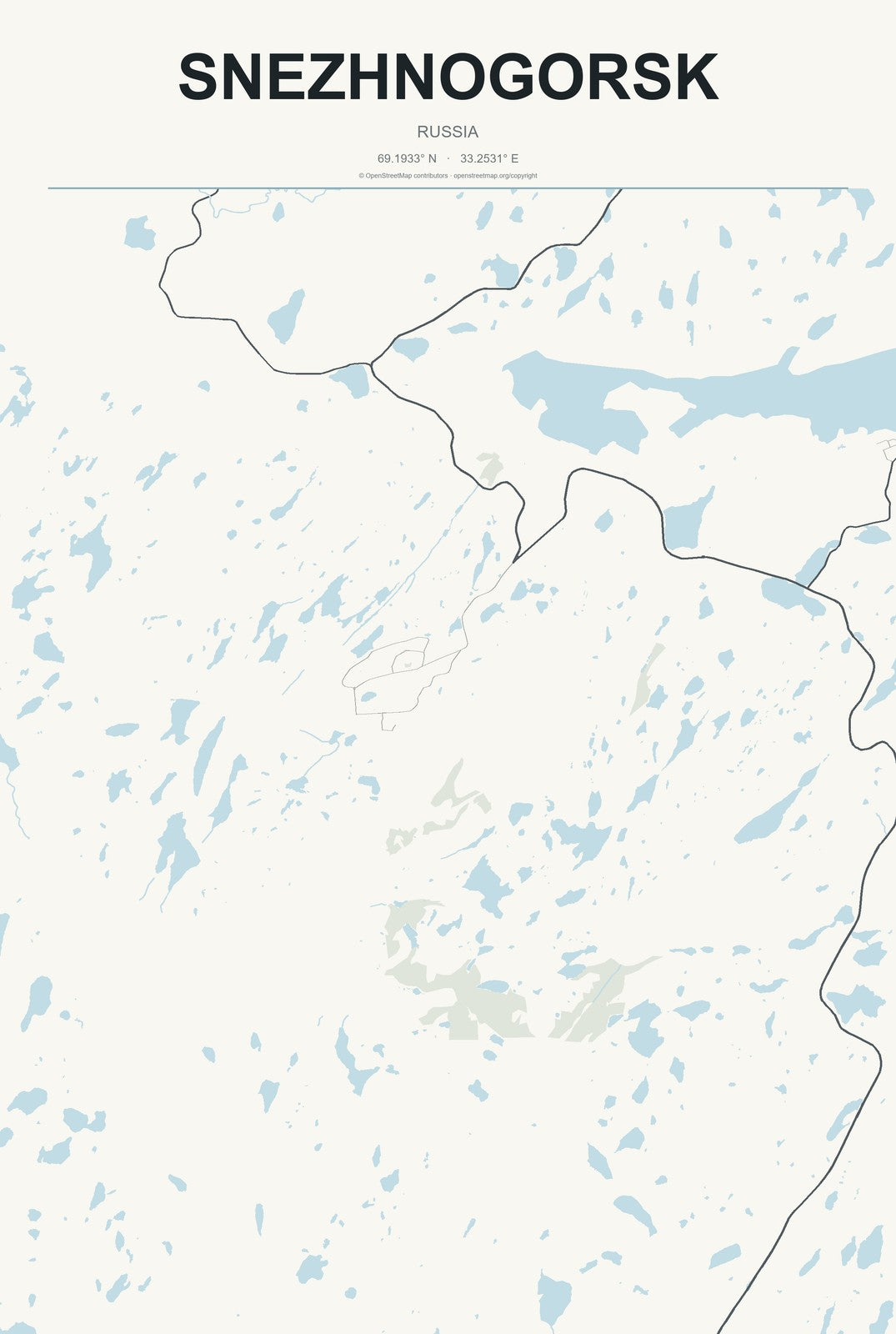 Snezhnogorsk, Russia City Map Aluminum Sign in Headline Atlas style