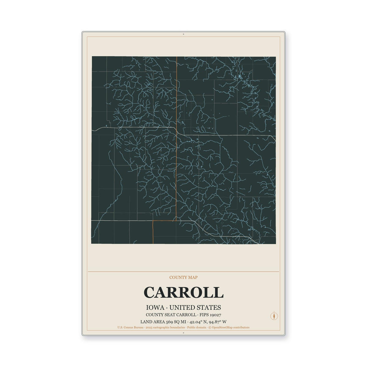 Carroll County, Iowa Map Aluminum Sign in Headline Atlas style