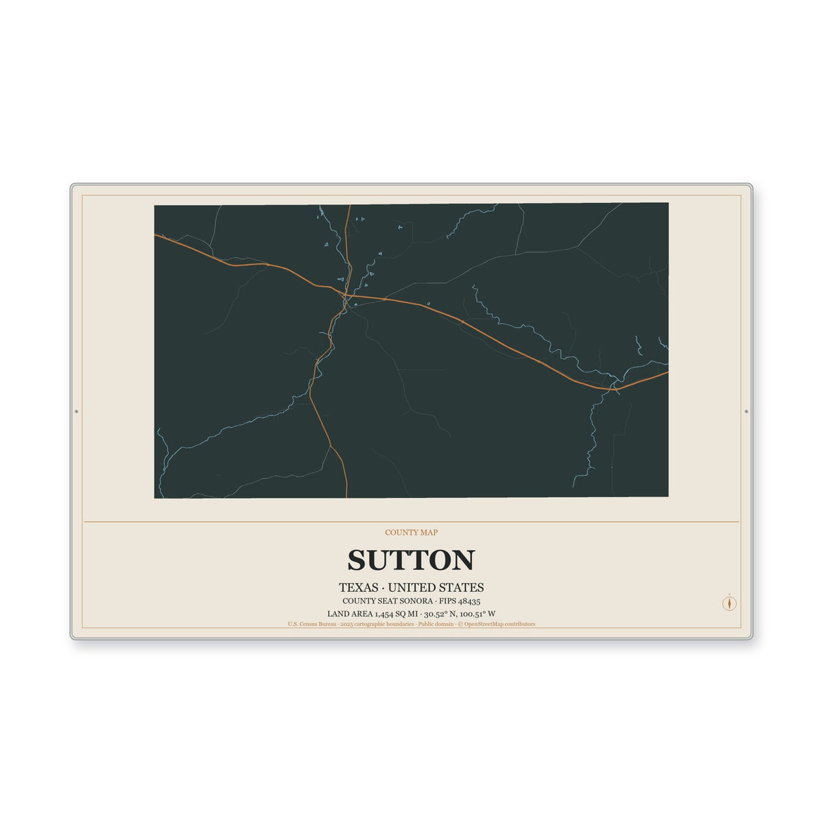 Sutton County, Texas Map Aluminum Sign in Headline Atlas style