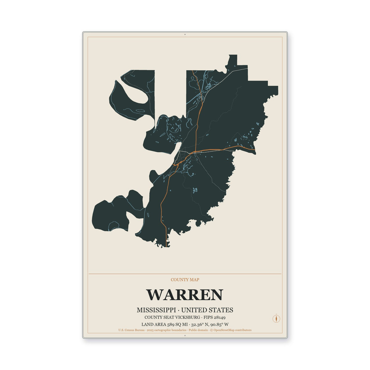 Warren County, Mississippi Map Aluminum Sign in Headline Atlas style