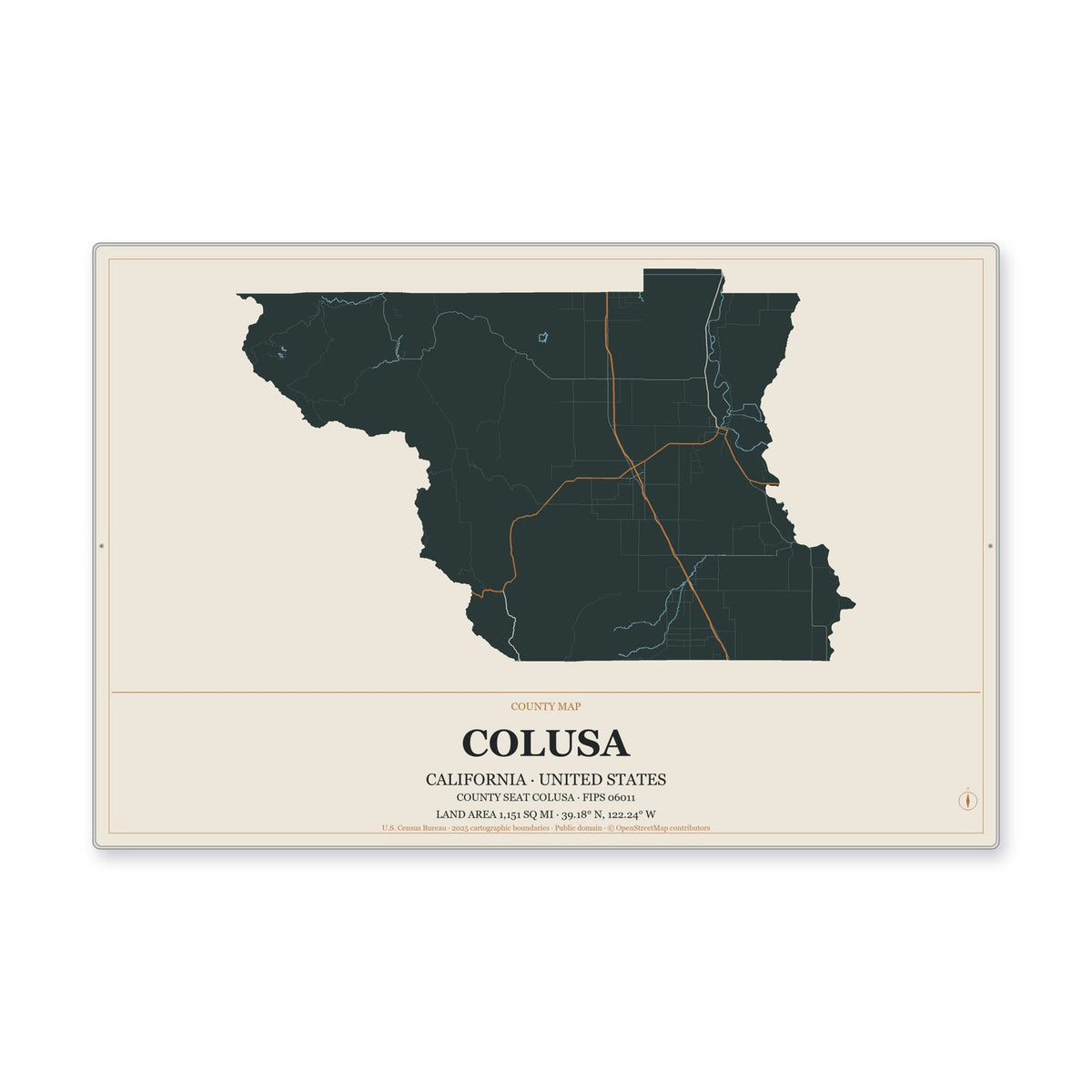 Colusa County, California Map Aluminum Sign in Headline Atlas style