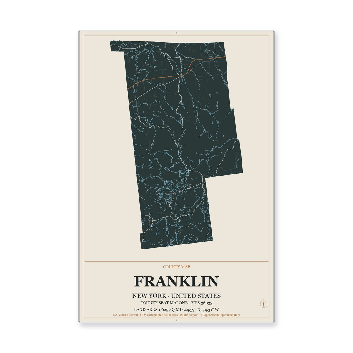 Franklin County, New York Map Aluminum Sign in Headline Atlas style