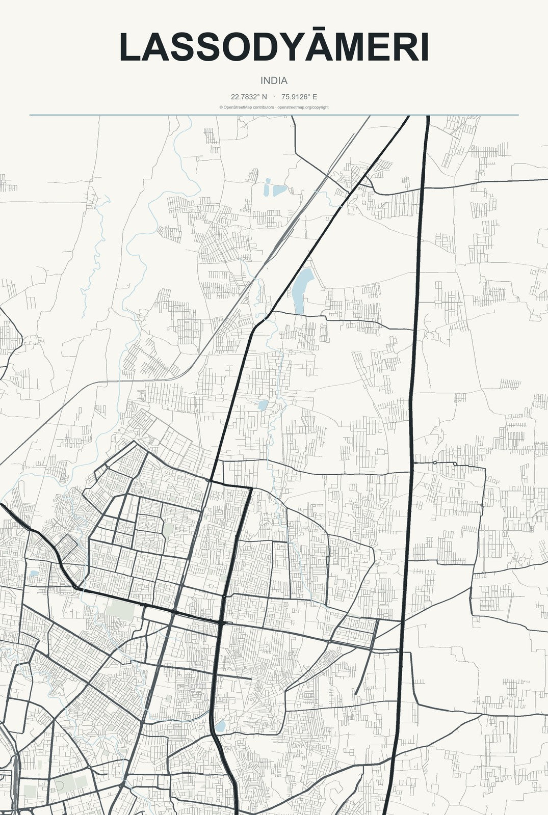 Lassodyāmeri, India City Map Aluminum Sign in Headline Atlas style