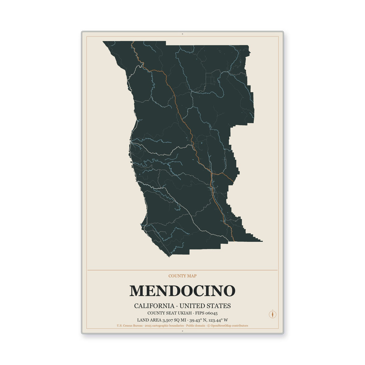 Mendocino County, California Map Aluminum Sign in Headline Atlas style