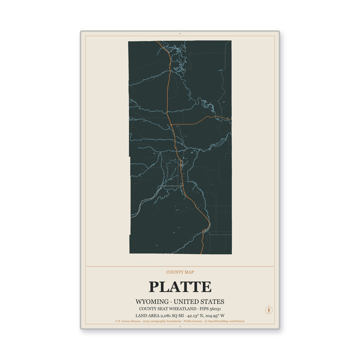 Platte County, Wyoming Map Aluminum Sign in Headline Atlas style