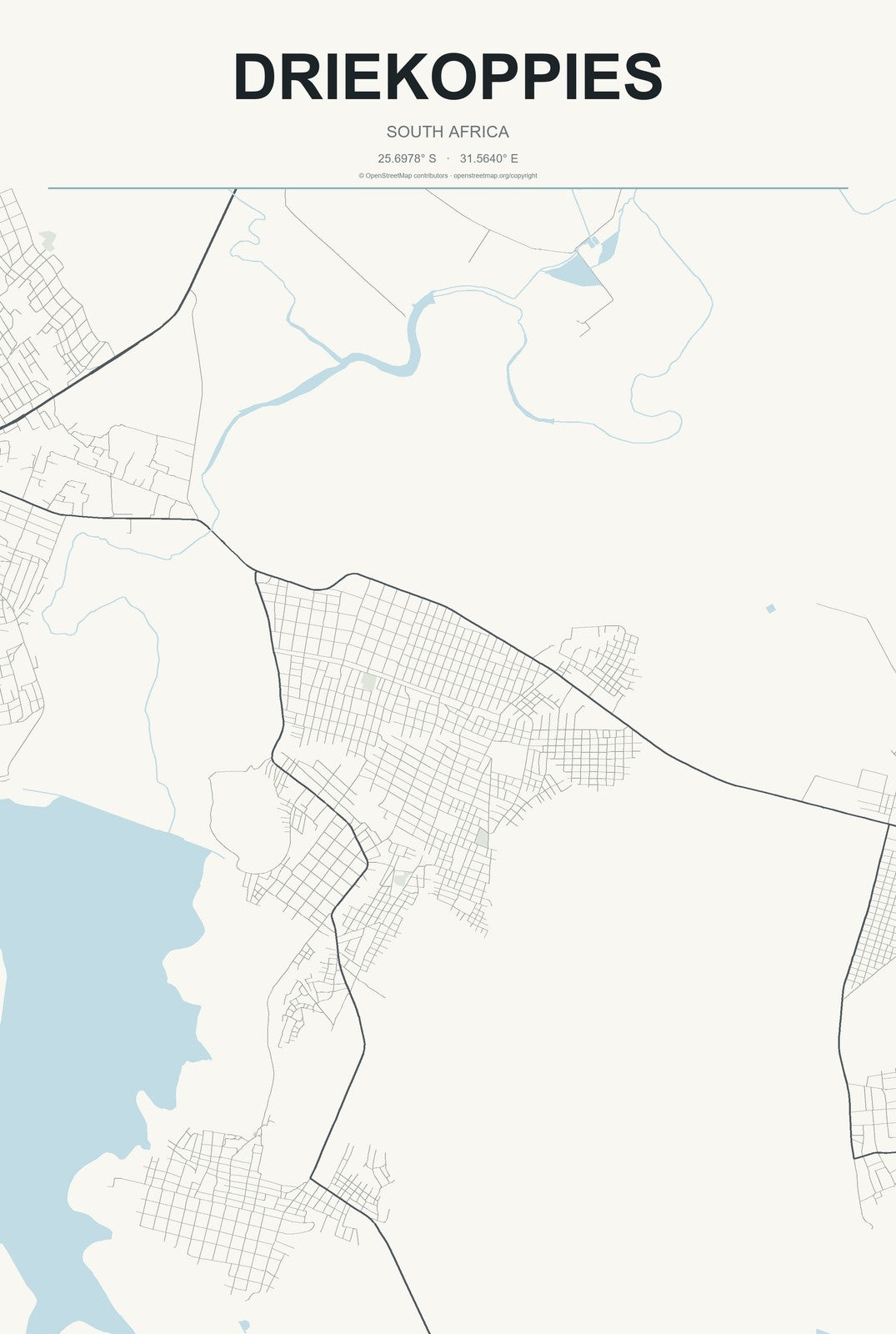 Driekoppies, South Africa City Map Aluminum Sign in Headline Atlas style