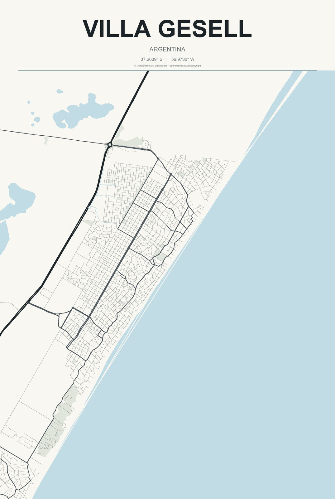 Villa Gesell, Argentina City Map Aluminum Sign in Headline Atlas style