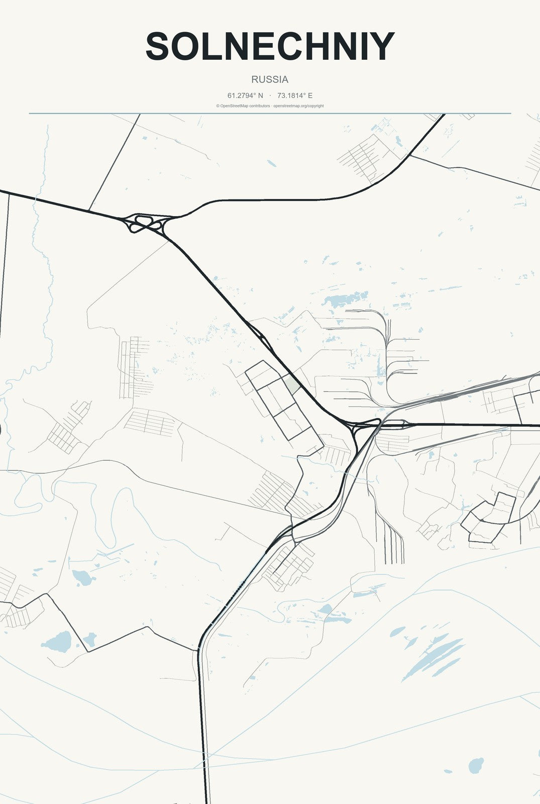 Solnechniy, Russia City Map Aluminum Sign in Headline Atlas style