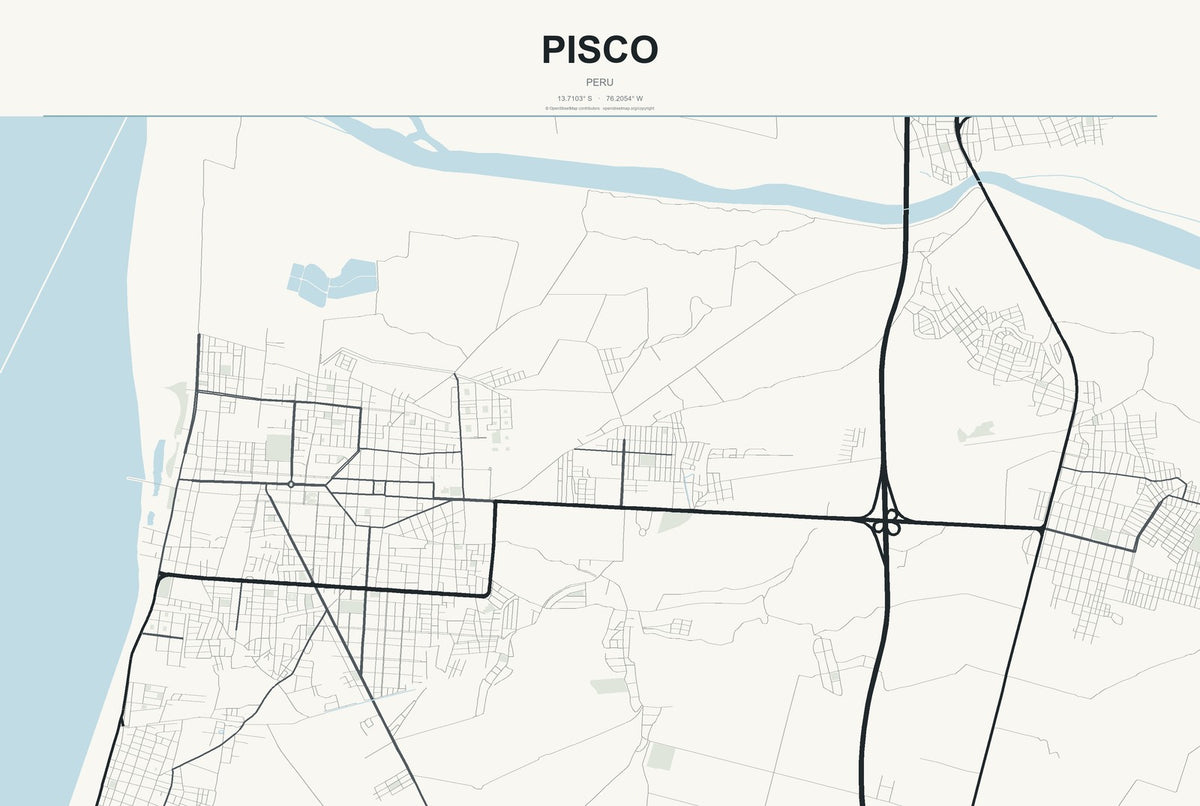 Pisco, Peru City Map Aluminum Sign in Headline Atlas style