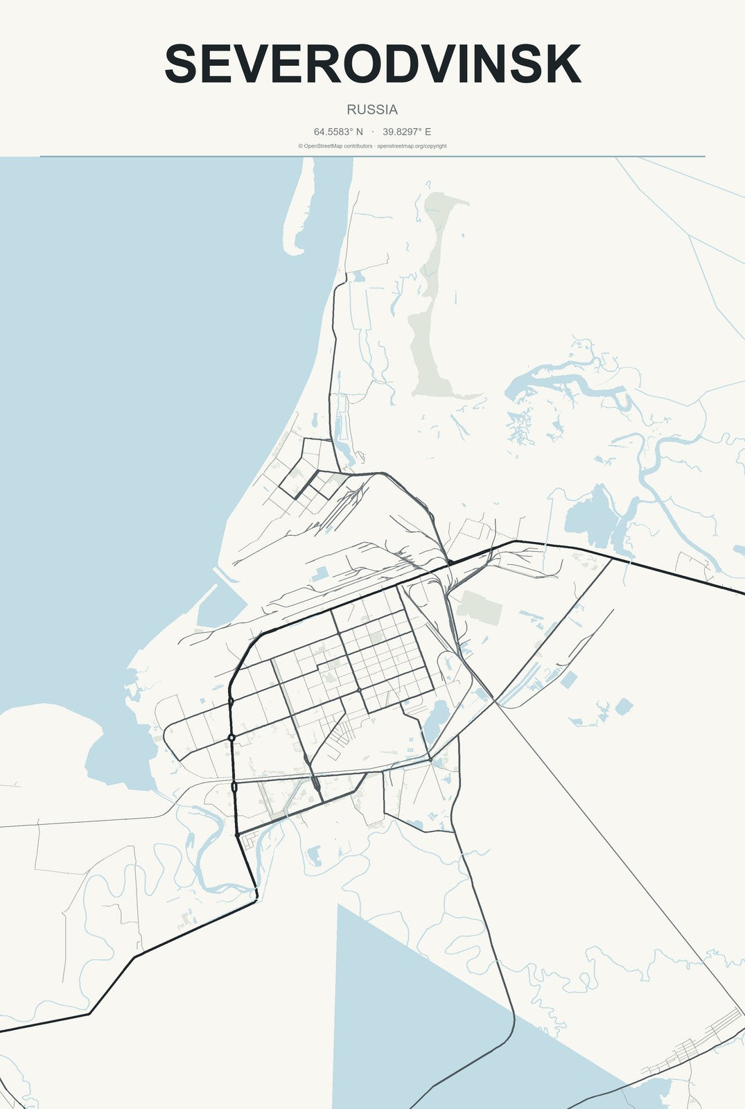 Severodvinsk, Russia City Map Aluminum Sign in Headline Atlas style