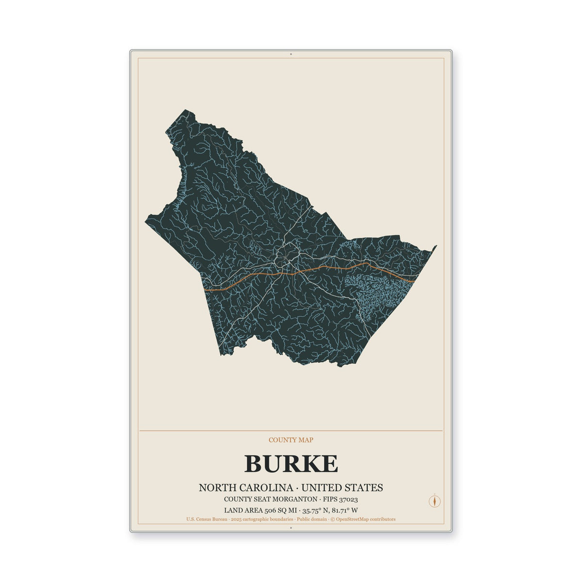 Burke County, North Carolina Map Aluminum Sign in Headline Atlas style
