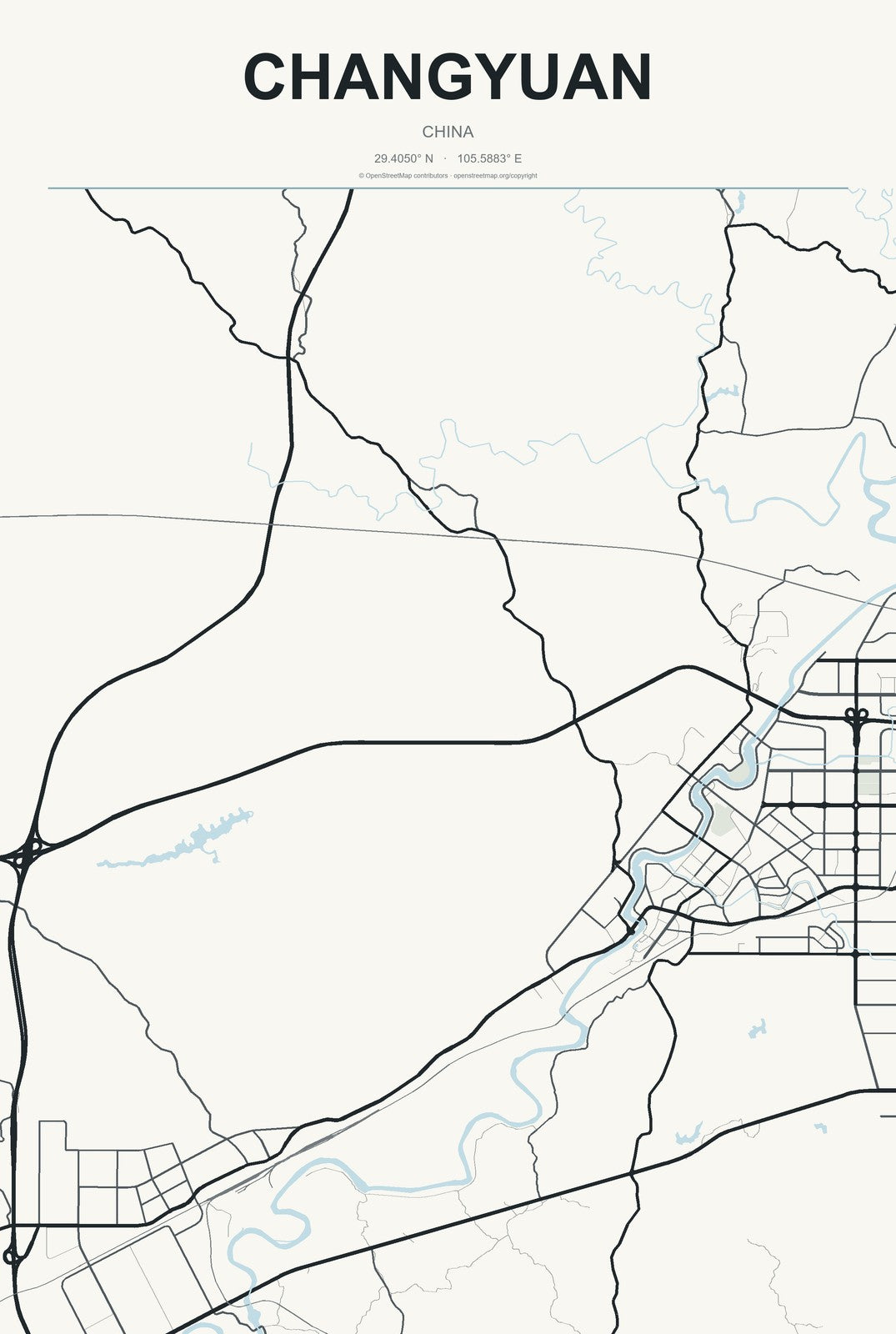 Changyuan, China City Map Aluminum Sign in Headline Atlas style