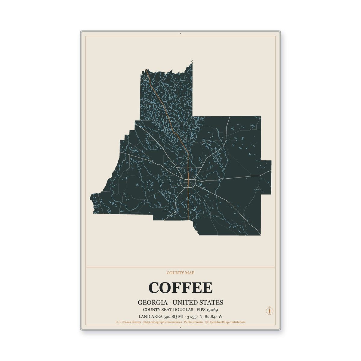 Coffee County, Georgia Map Aluminum Sign in Headline Atlas style