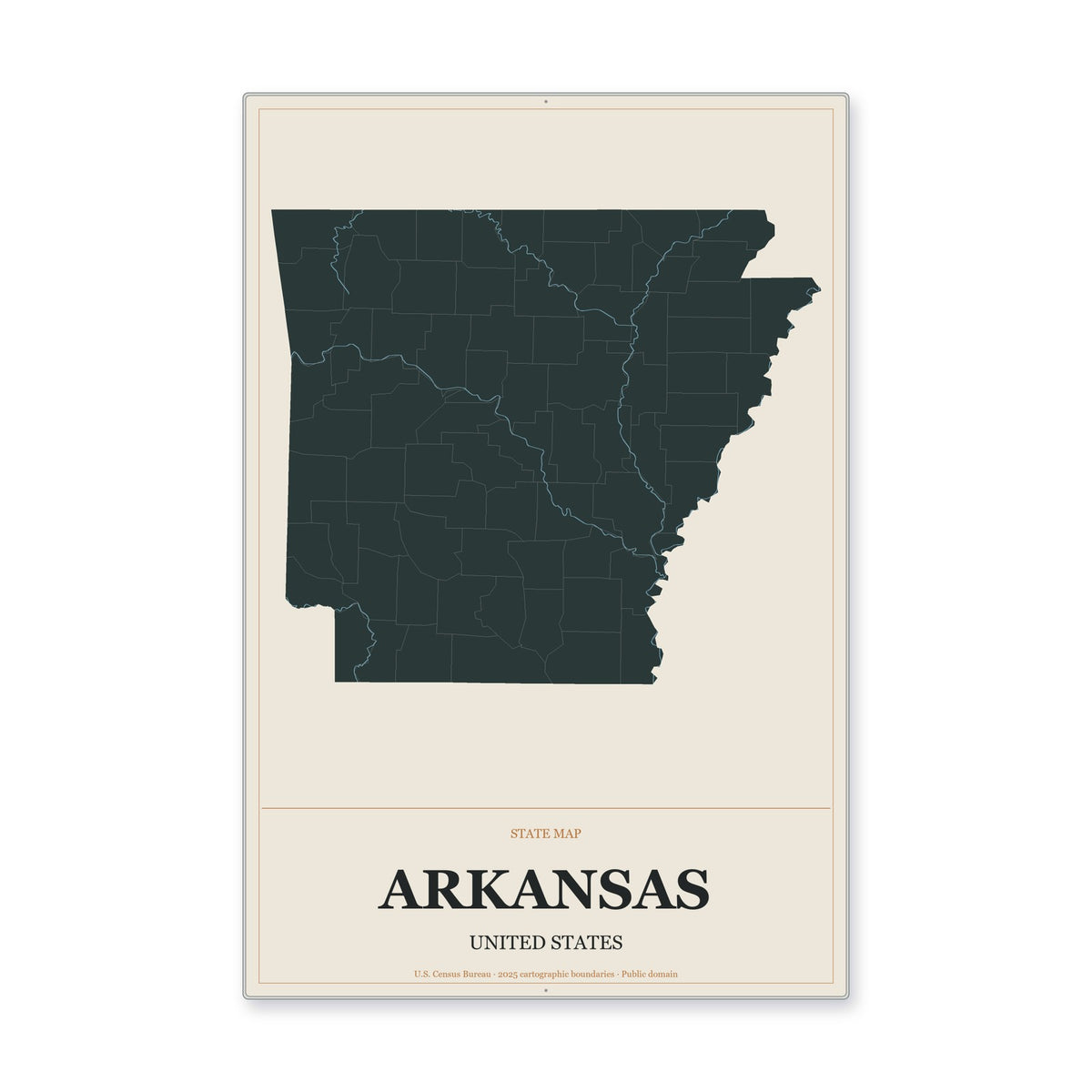 Arkansas state map aluminum sign in Headline Atlas style