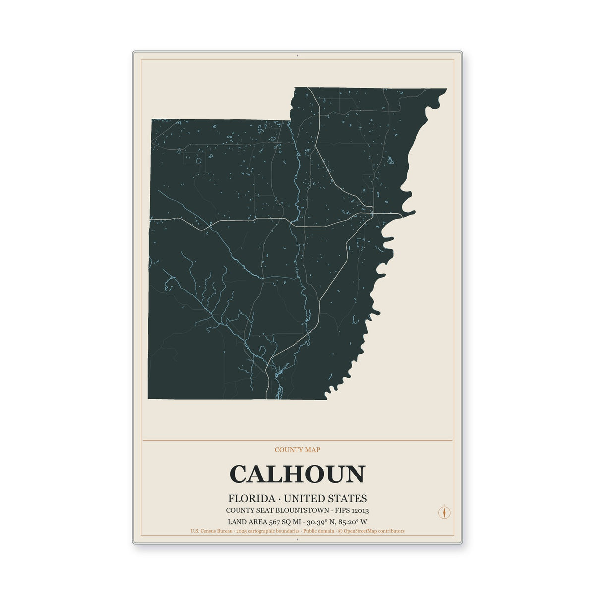 Calhoun County, Florida Map Aluminum Sign in Headline Atlas style