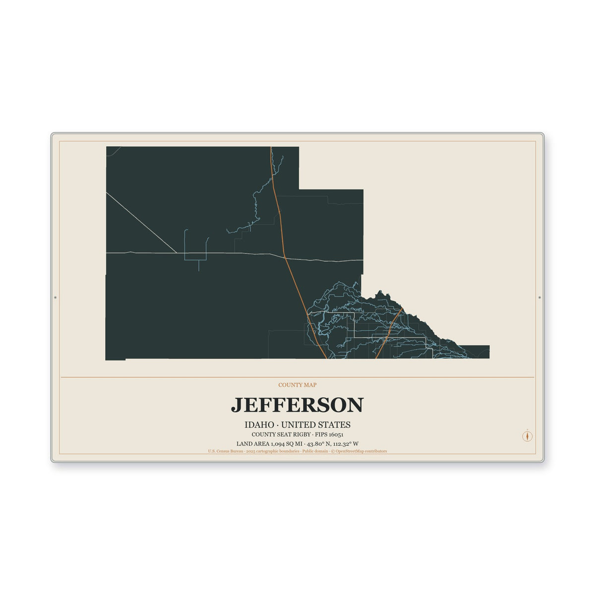 Jefferson County, Idaho Map Aluminum Sign in Headline Atlas style