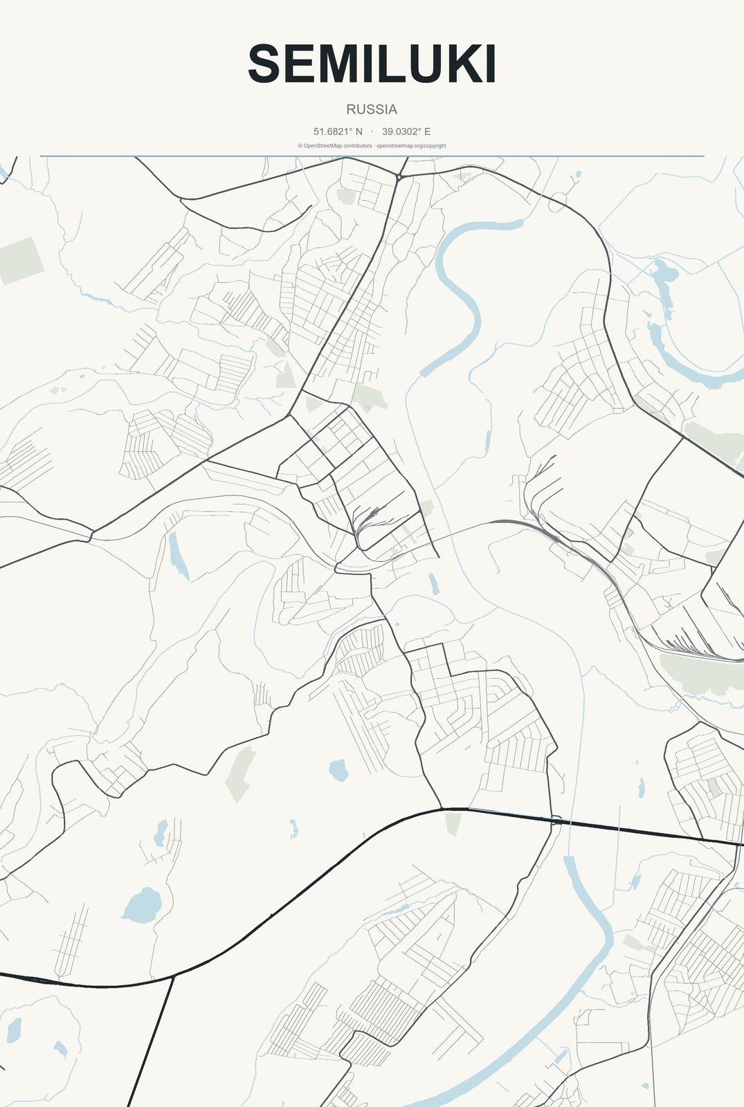 Semiluki, Russia City Map Aluminum Sign in Headline Atlas style