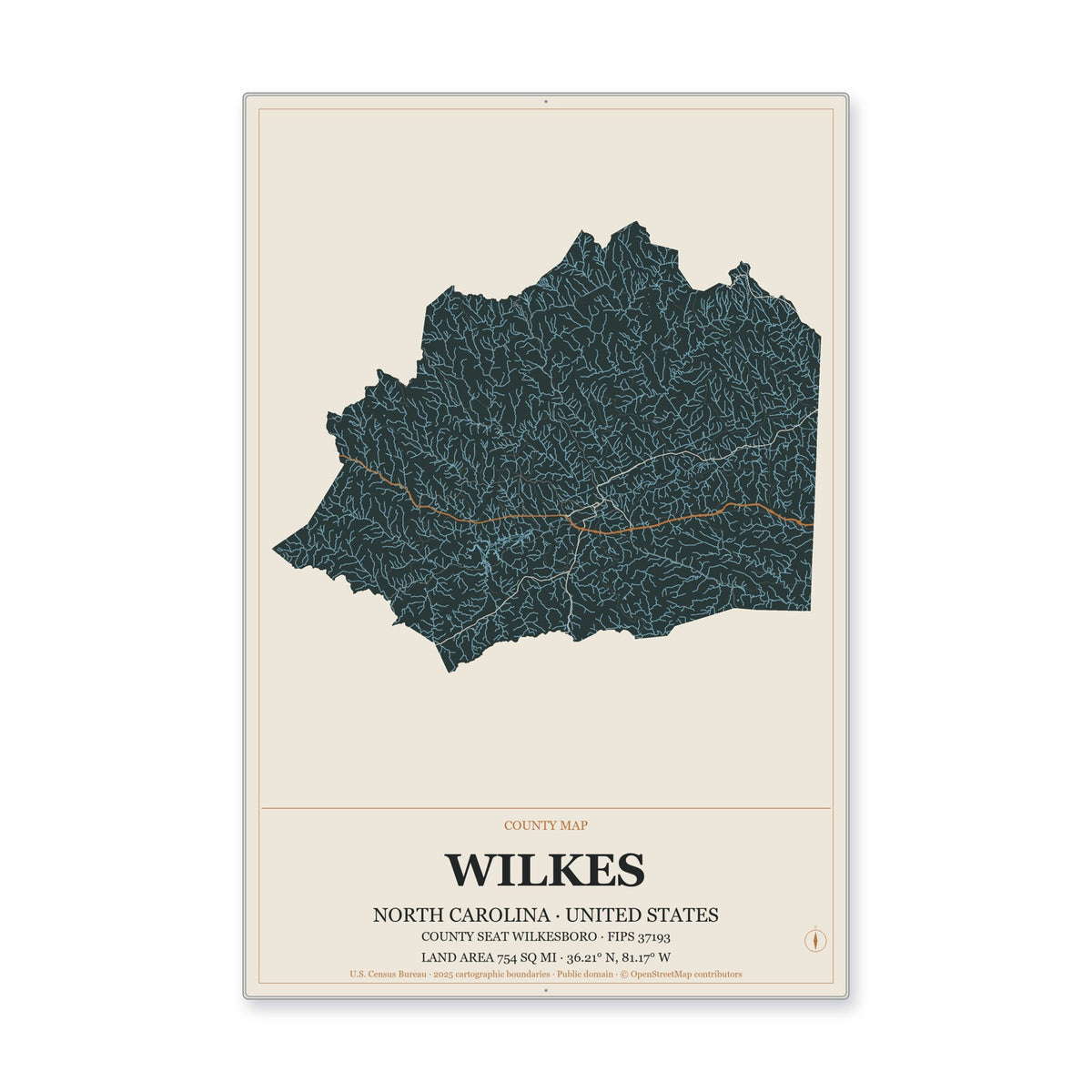 Wilkes County, North Carolina Map Aluminum Sign in Headline Atlas style