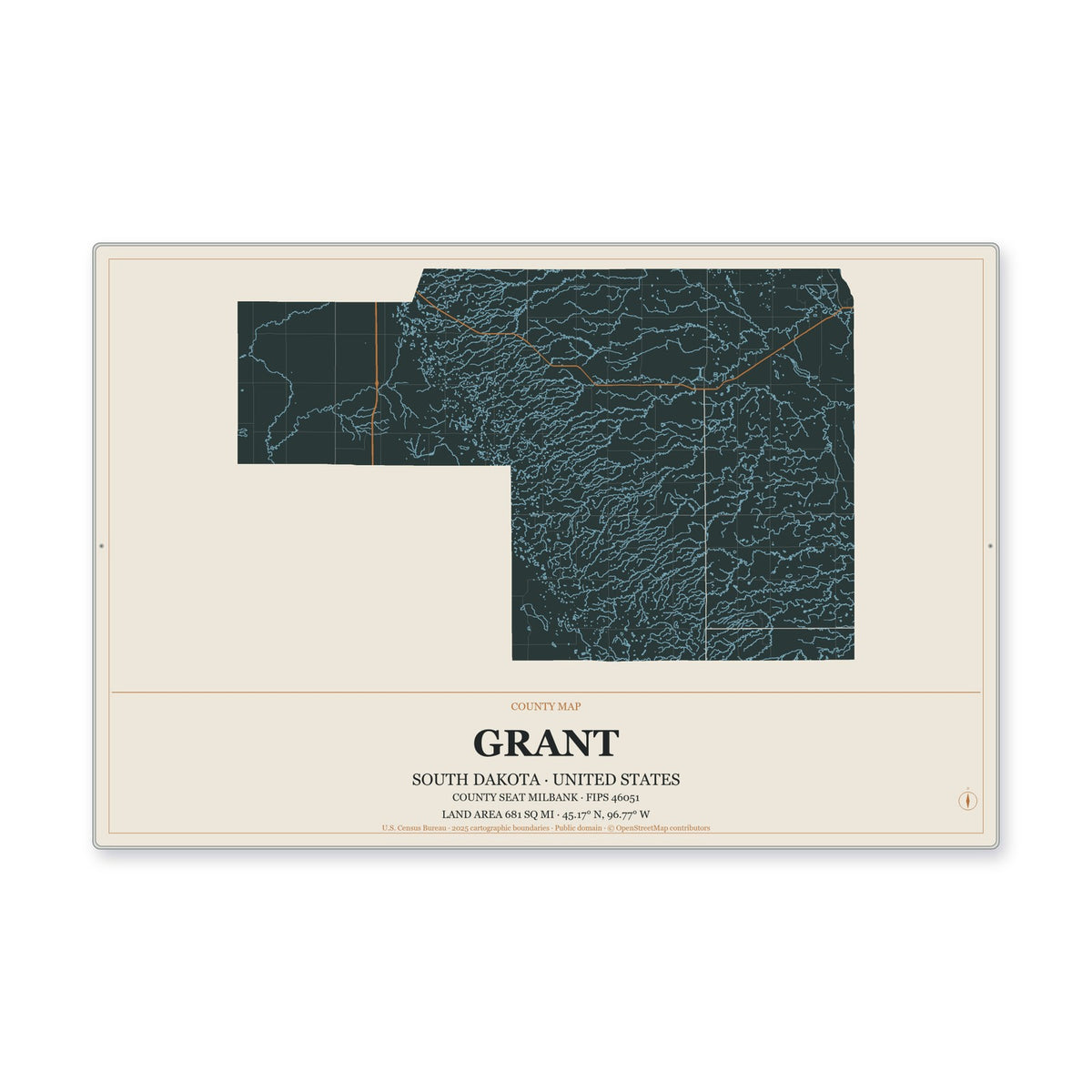 Grant County, South Dakota Map Aluminum Sign in Headline Atlas style