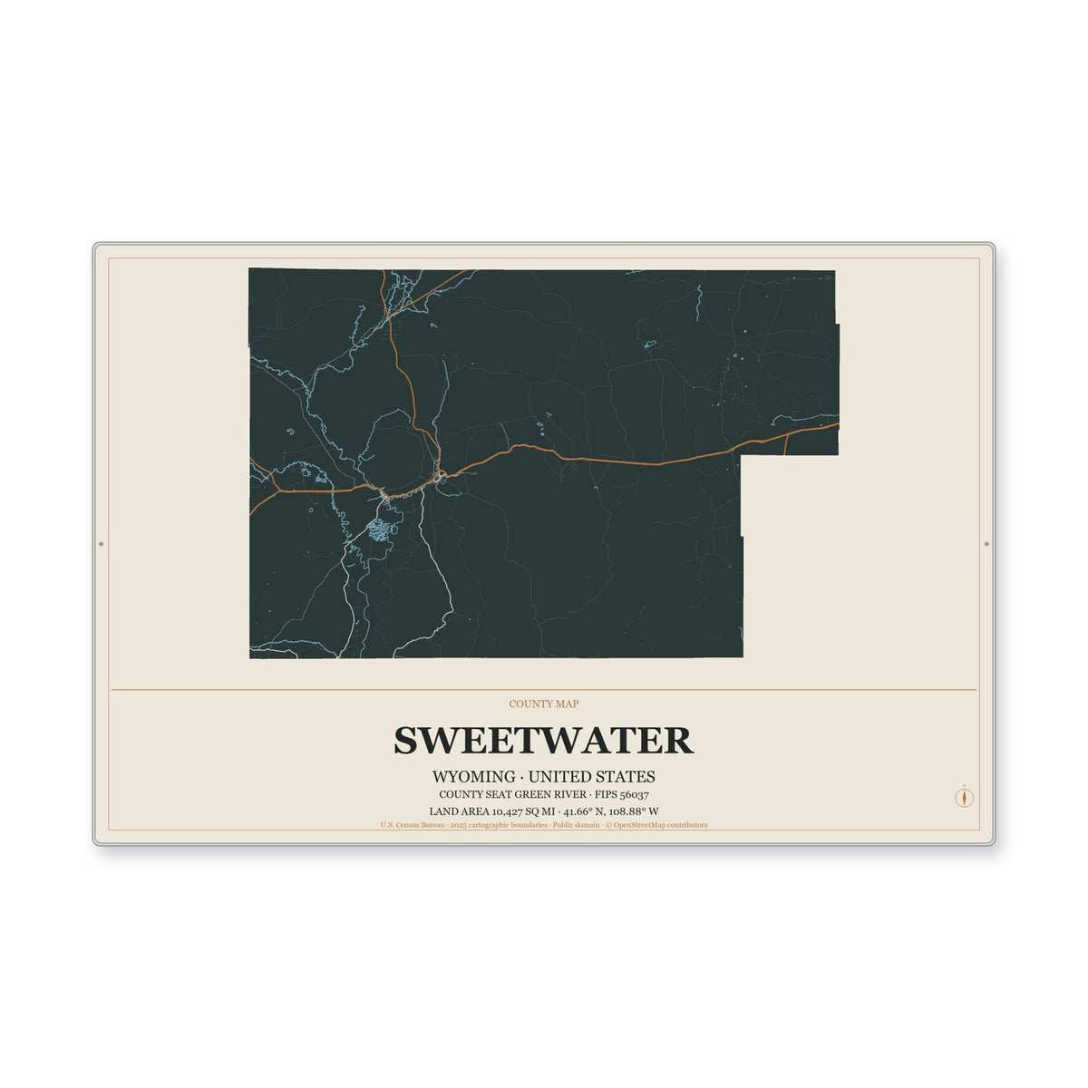 Sweetwater County, Wyoming Map Aluminum Sign in Headline Atlas style