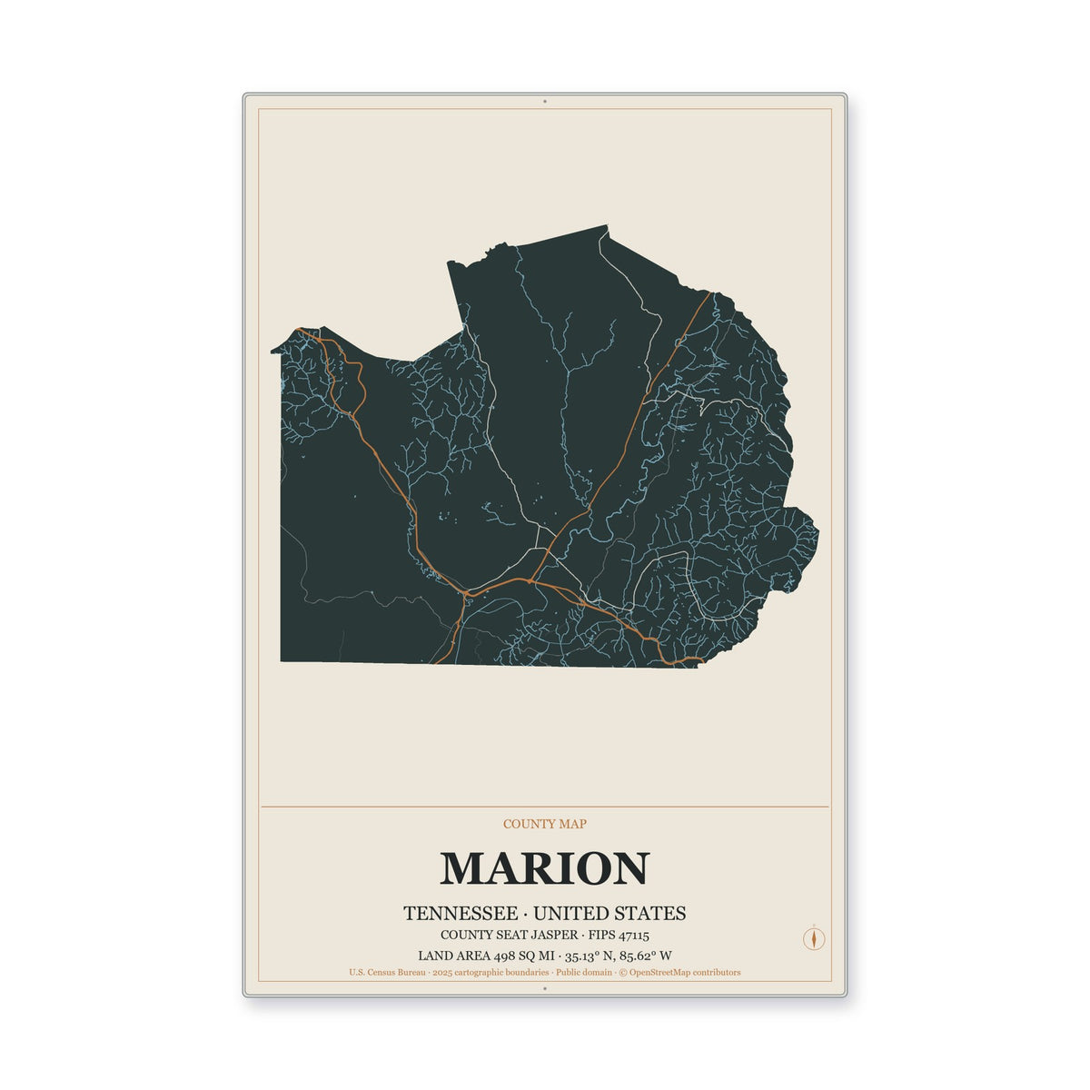 Marion County, Tennessee Map Aluminum Sign in Headline Atlas style