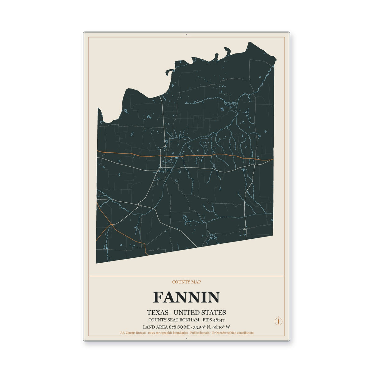 Fannin County, Texas Map Aluminum Sign in Headline Atlas style